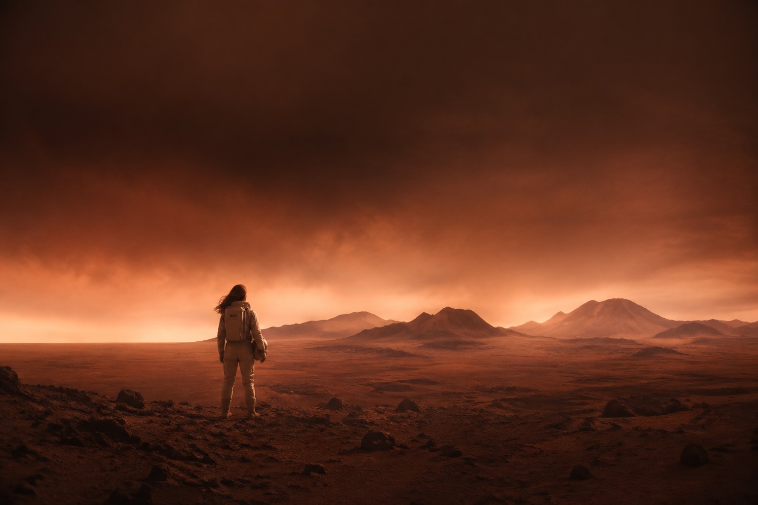 An explorer stands alone in a vast desert beneath a dramatic sky.