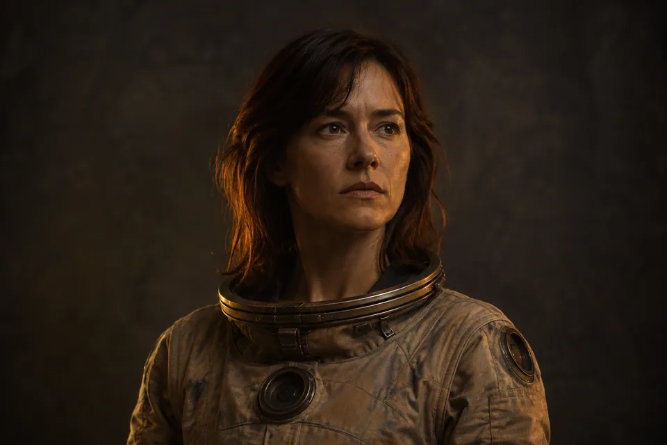 A dark-haired explorer in a weathered tan suit, lit by the warm glow of the station.
