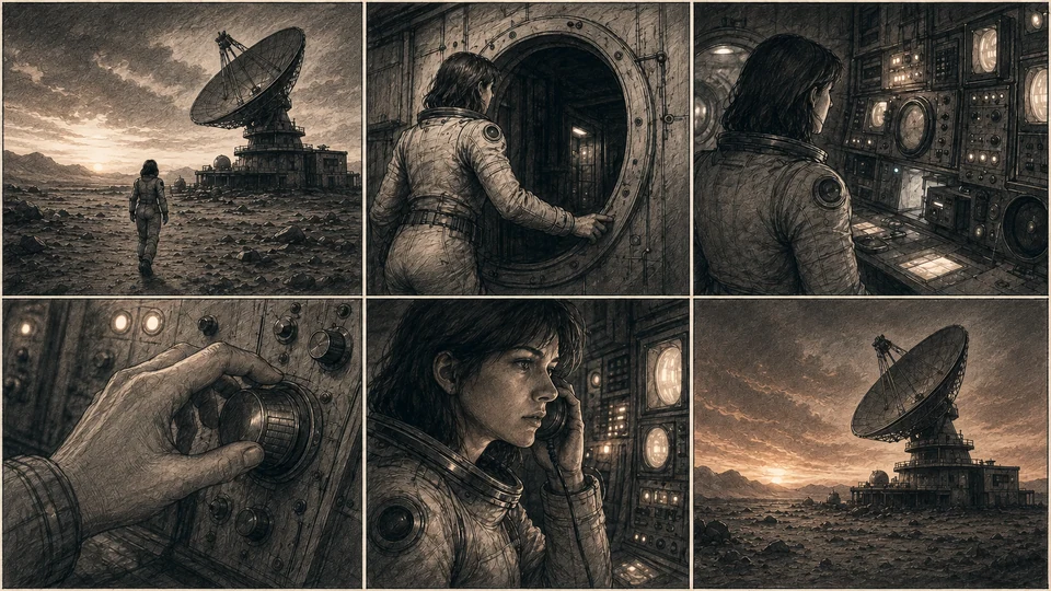 Six graphite storyboard panels follow the explorer from the desert outpost to a mysterious radio signal.