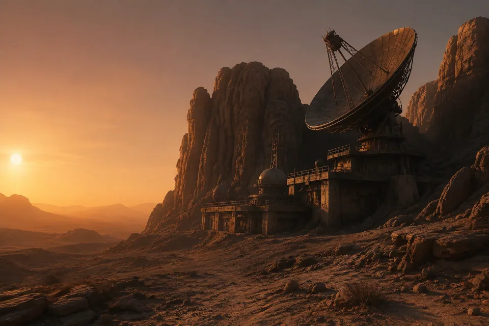 A remote satellite outpost built into ochre desert cliffs at sunset.